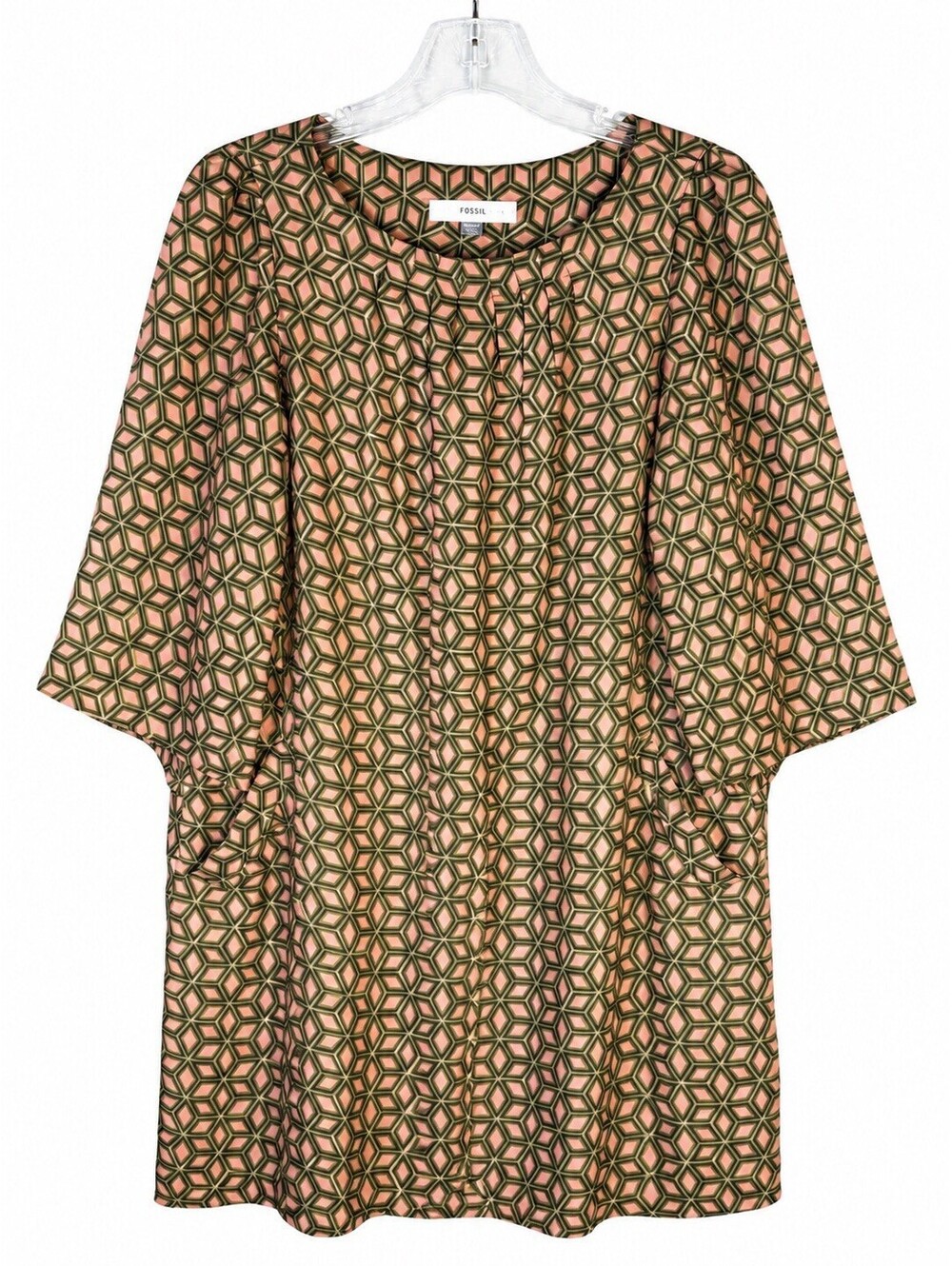 Fossil Womens M Geometric Print Tunic Blouse/Dress Pink Green Lined 3/4 Sleeve